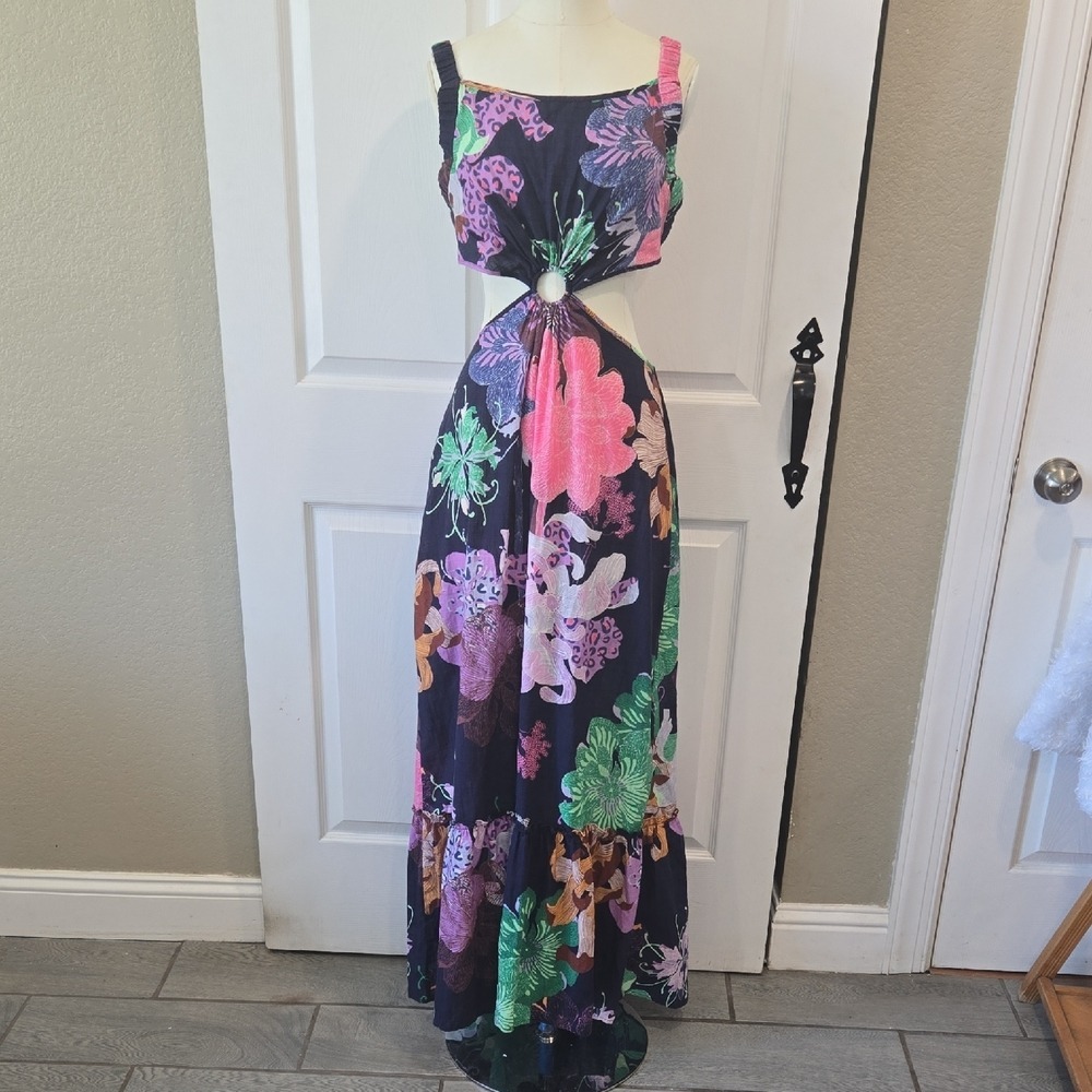 Maeve by Anthropologie Floral Leopard O-Ring Cut-Out Maxi Dress Navy‎ Large